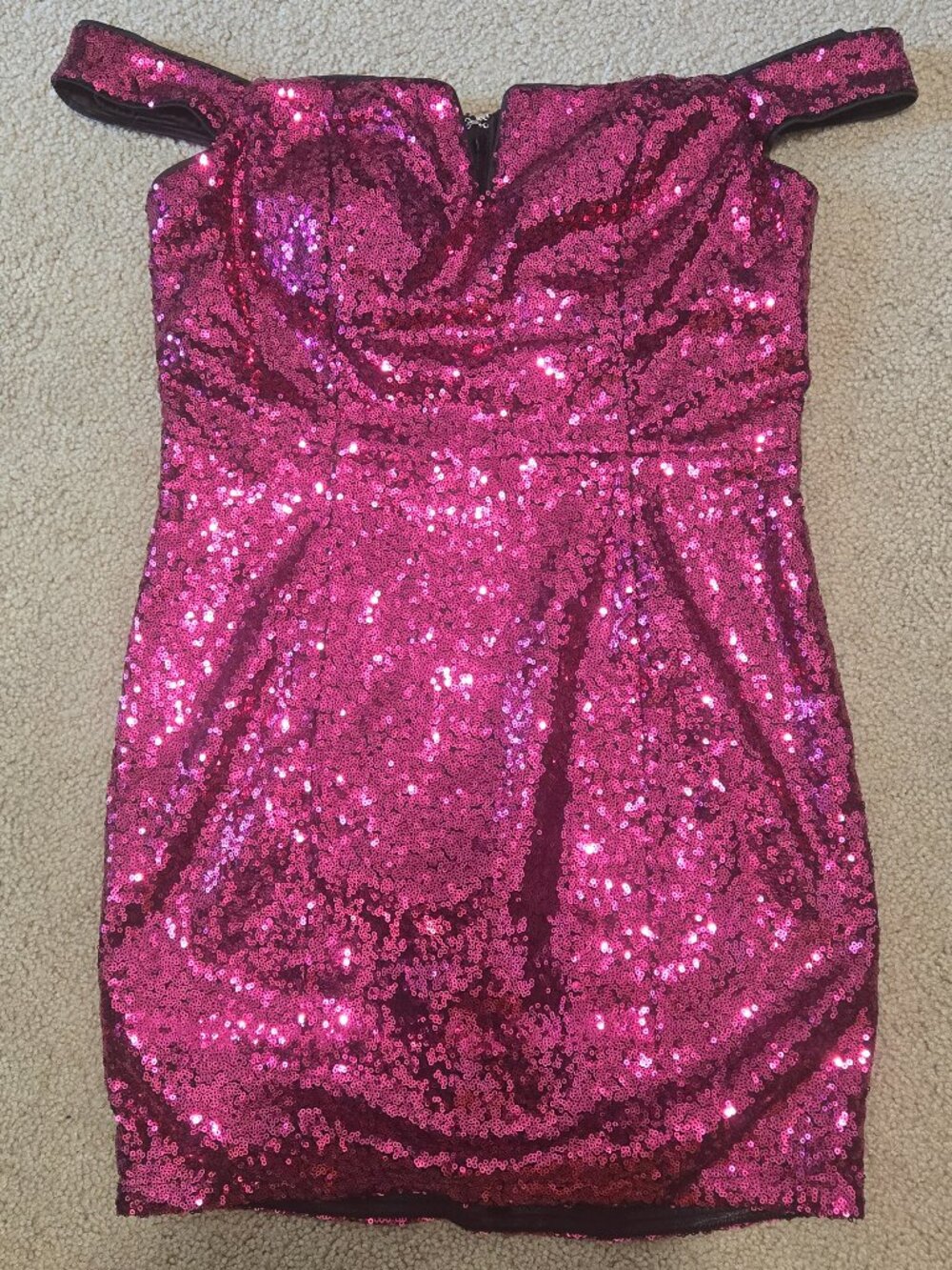 NWT Lulus Magic Maker Magenta Metallic Off-the-Shoulder Bodycon Mini Dress large